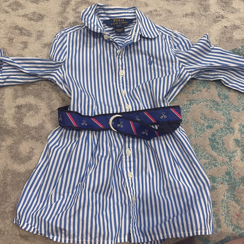 Adorable Polo Ralph Lauren Girls Blue & White Striped Dress w/ Ribbon Belt 2T
